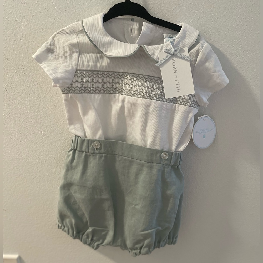 Born of Fifth, green and white smocked outfit, 12 months NWT